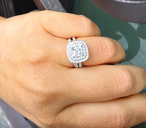 14K White Gold Cushion Cut Forever One Moissanite and Diamond Engagement Ring And Band Bridal Wedding Set Double Halo Natural Diamonds 2.05