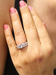 14k Solid White Gold Round Cut Forever One Moissanite and Large Diamonds Engagement Ring And Band Prong Set Halo 2.50ctw