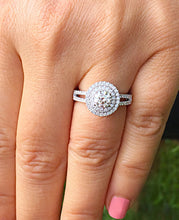 Load image into Gallery viewer, 14K Solid White Gold Round Cut Simulated Diamond Engagement Ring Split Shank Bridal Wedding Double Halo 1.25ct Stunning by ASW
