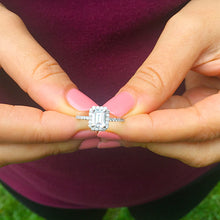 Load image into Gallery viewer, 14k white gold emerald cut natural diamond engagement ring halo 1.50ct wedding bridal prong set round cut sides
