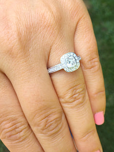 Elegant 14k Solid White Gold Cushion Cut Moissanite and Round Cut Diamond Engagement Ring Bezel Set, Bridal, Wedding Halo 1.70ctw