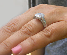 Load image into Gallery viewer, Elegant 14k Solid White Gold Cushion Cut Moissanite and Round Cut Diamond Engagement Ring Bezel Set, Bridal, Wedding Halo 1.70ctw
