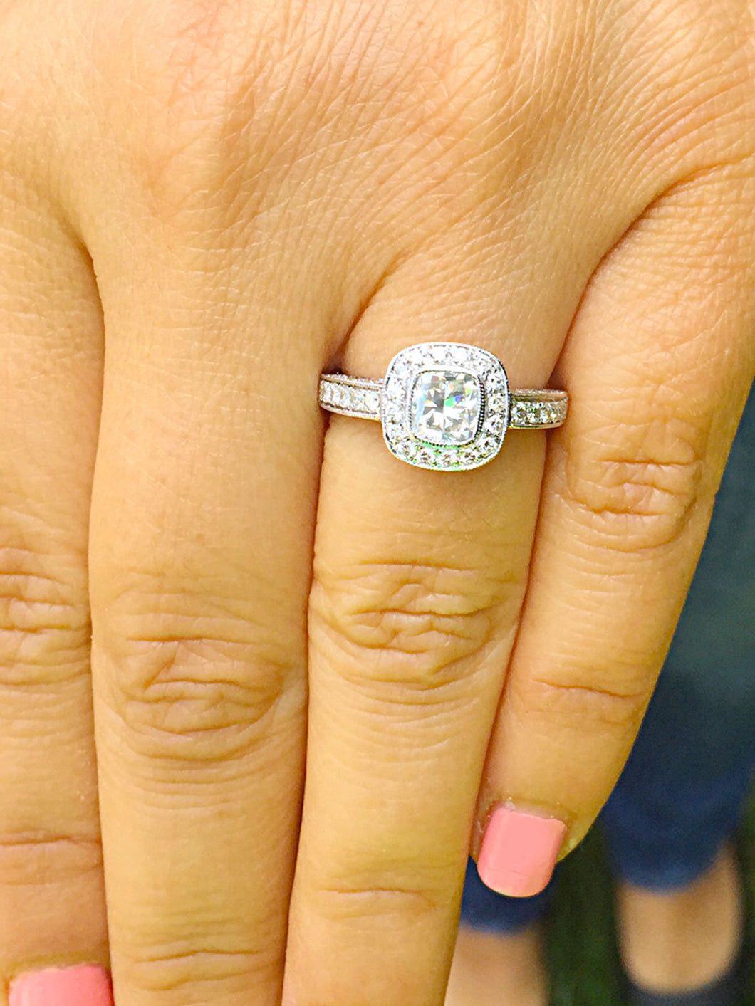 Elegant 14k Solid White Gold Cushion Cut Moissanite and Round Cut Diamond Engagement Ring Bezel Set, Bridal, Wedding Halo 1.70ctw