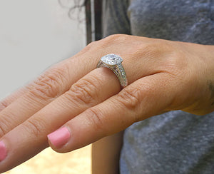 Elegant 14k Solid White Gold Cushion Cut Moissanite and Round Cut Diamond Engagement Ring Bezel Set, Bridal, Wedding Halo 1.70ctw