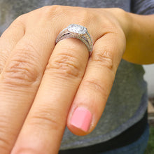 Load image into Gallery viewer, Elegant 14k Solid White Gold Cushion Cut Moissanite and Round Cut Diamond Engagement Ring Bezel Set, Bridal, Wedding Halo 1.70ctw
