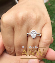 Load image into Gallery viewer, 14k Solid White Gold Pear and Round Cut Simulated Diamond Engagement Ring And Band Deco, Bridal, Wedding, Halo, Anniversary 1.50ct
