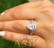 Load image into Gallery viewer, 14k Solid White Gold Pear and Round Cut Simulated Diamond Engagement Ring And Band Deco, Bridal, Wedding, Halo, Anniversary 1.50ct
