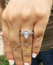 Load image into Gallery viewer, 14k Solid White Gold Pear and Round Cut Simulated Diamond Engagement Ring And Band Deco, Bridal, Wedding, Halo, Anniversary 1.50ct
