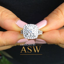 Load image into Gallery viewer, Large Women&#39;s 14K Solid White Gold Cushion Cut Forever One Moissanite and Rond Cut Natural Diamond Engagement Ring Double Halo Prong 2.80ct
