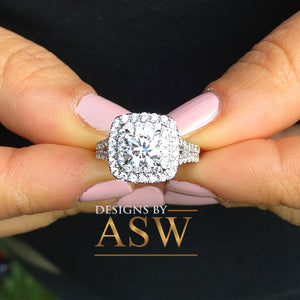 Large Women's 14K Solid White Gold Cushion Cut Forever One Moissanite and Rond Cut Natural Diamond Engagement Ring Double Halo Prong 2.80ct