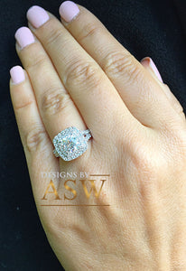 Large Women's 14K Solid White Gold Cushion Cut Forever One Moissanite and Rond Cut Natural Diamond Engagement Ring Double Halo Prong 2.80ct