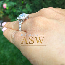 Load image into Gallery viewer, Large Women&#39;s 14K Solid White Gold Cushion Cut Moissanite and Rond Cut Natural Diamond Engagement Ring Double Halo Prong 2.80ct
