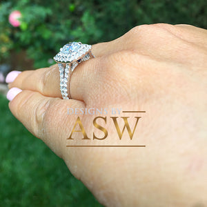 Large Women's 14K Solid White Gold Cushion Cut Moissanite and Rond Cut Natural Diamond Engagement Ring Double Halo Prong 2.80ct