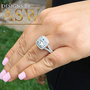 Large Women's 14K Solid White Gold Cushion Cut Forever One Moissanite and Rond Cut Natural Diamond Engagement Ring Double Halo Prong 2.80ct
