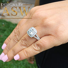 Load image into Gallery viewer, Large Women&#39;s 14K Solid White Gold Cushion Cut Moissanite and Rond Cut Natural Diamond Engagement Ring Double Halo Prong 2.80ct
