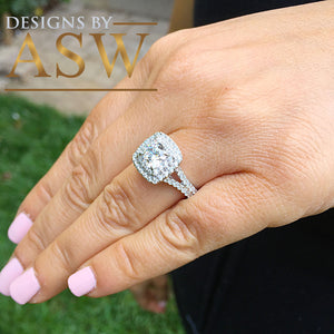 Large Women's 14K Solid White Gold Cushion Cut Moissanite and Rond Cut Natural Diamond Engagement Ring Double Halo Prong 2.80ct
