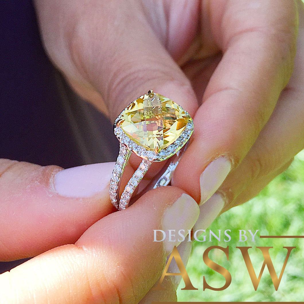 14K White Gold Cushion Cut Yellow Citrine and Round cut Natural Diamonds Engagement Ring Halo Split Shank Bridal Wedding Anniversary 4.80ctw