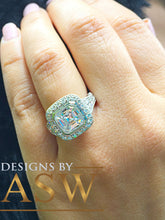 Load image into Gallery viewer, Huge and Heavy 14K Solid White Gold Asscher Cut Simulated Diamond Engagement Ring Bezel Set Halo Wedding Anniversary Round Cut 4.50ct by ASW
