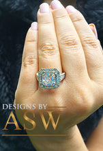 Load image into Gallery viewer, Huge and Heavy 14K Solid White Gold Asscher Cut Simulated Diamond Engagement Ring Bezel Set Halo Wedding Anniversary Round Cut 4.50ct by ASW
