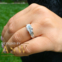 Load image into Gallery viewer, 14k white gold emerald cut forever one moissanite and diamond engagement ring three stone style prong set bridal wedding 1.60ct
