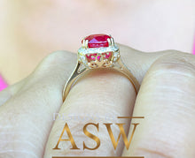 Load image into Gallery viewer, 14k Solid Yellow Gold Round Cut Ruby And Natural Diamond Antique Design Halo Deco Ring filigree, Engagement, Wedding, Anniversary 2.95ctw
