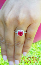 Load image into Gallery viewer, 14k Solid Yellow Gold Round Simulated Ruby And Round Cut Diamonds Antique Deco Design Ring Halo Bridal Wedding 2.50ctw by ASW
