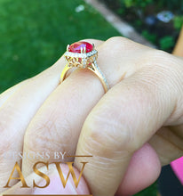 Load image into Gallery viewer, 14k Solid Yellow Gold Round Simulated Ruby And Round Cut Diamonds Antique Deco Design Ring Halo Bridal Wedding 2.50ctw by ASW
