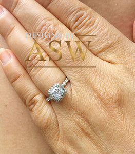 Elegant Women's 14k Solid White Gold Cushion Cut Forever One Moissanite and Diamond Engagement Ring Bridal, Wedding Halo 1.80ctw