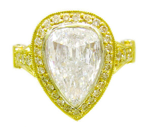 Large Four Carats 14k Solid Yellow Gold Pear and Round Cut Simulated Diamond Engagement Ring Deco, Bridal, Wedding, Halo, Anniversary