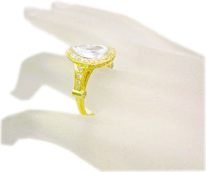 Large Four Carats 14k Solid Yellow Gold Pear and Round Cut Simulated Diamond Engagement Ring Deco, Bridal, Wedding, Halo, Anniversary