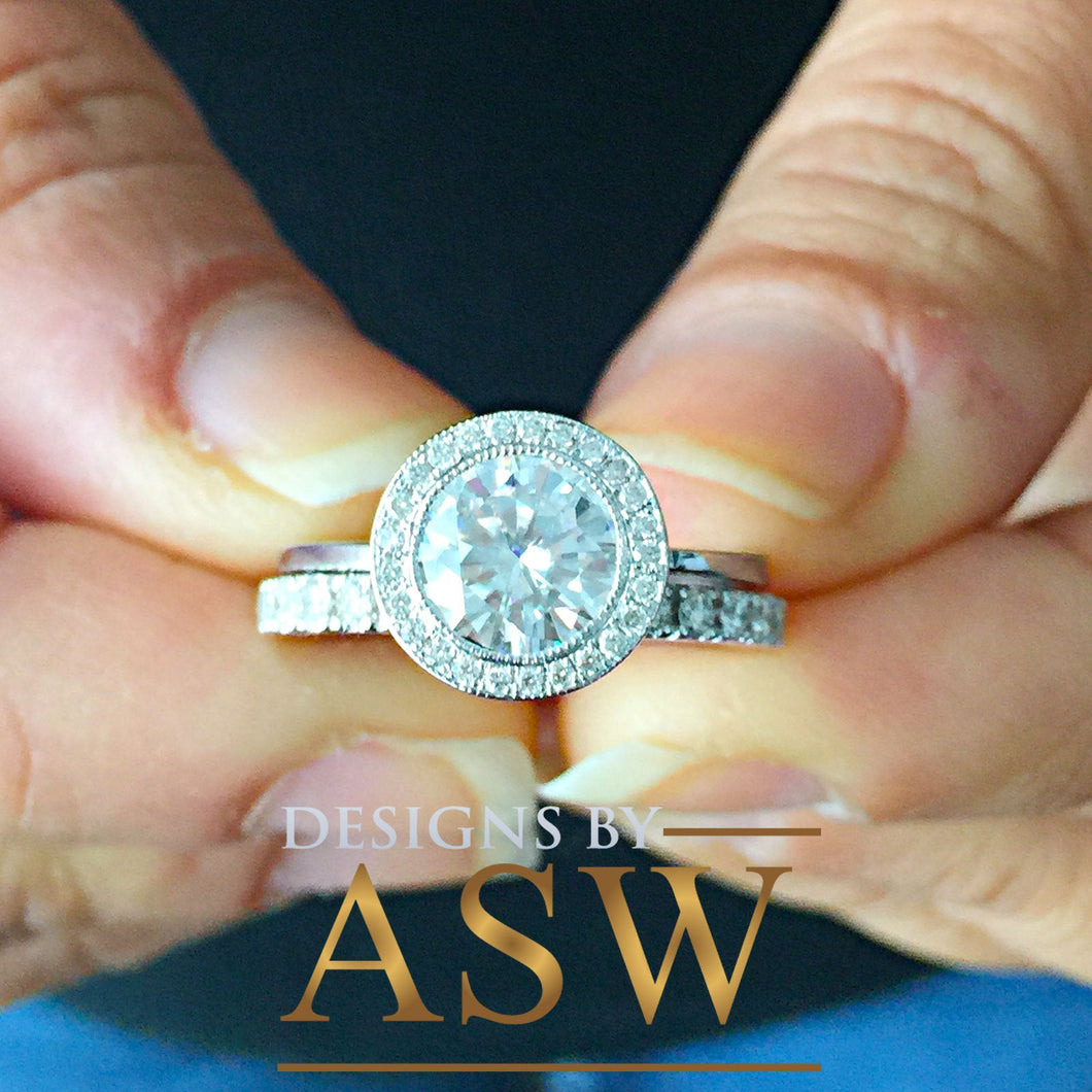 14k White Gold Round Cut Forever One Moissanite and Natural Diamond Engagement Ring And Band Bezel Set Halo Bridal Wedding Anniversary 2.00