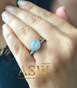 14k White Gold Round Cut Moissanite and Natural Diamond Engagement Ring And Band Bwzel Set Halo Bridal Wedding Anniversary 2.00