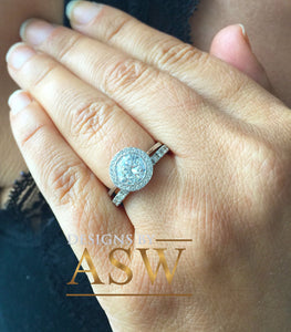 14k White Gold Round Cut Forever One Moissanite and Natural Diamond Engagement Ring And Band Bezel Set Halo Bridal Wedding Anniversary 2.00