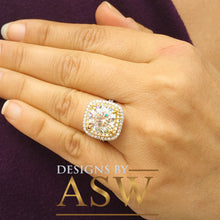 Load image into Gallery viewer, Cushion Cut Simulated Diamond and simulated Diamonds Engagement Ring Double Halo Huge 6.50 Carats 14k Solid White and Yellow Gold
