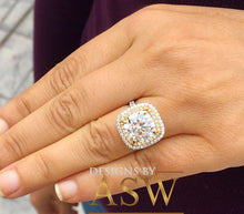Load image into Gallery viewer, Cushion Cut Simulated Diamond and simulated Diamonds Engagement Ring Double Halo Huge 6.50 Carats 14k Solid White and Yellow Gold
