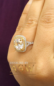 Huge 14K Solid White and Yellow Gold Cushion Cut Forever One Moissanite and Round Cut Natural Diamond Engagement Ring Double Halo 6.50ct