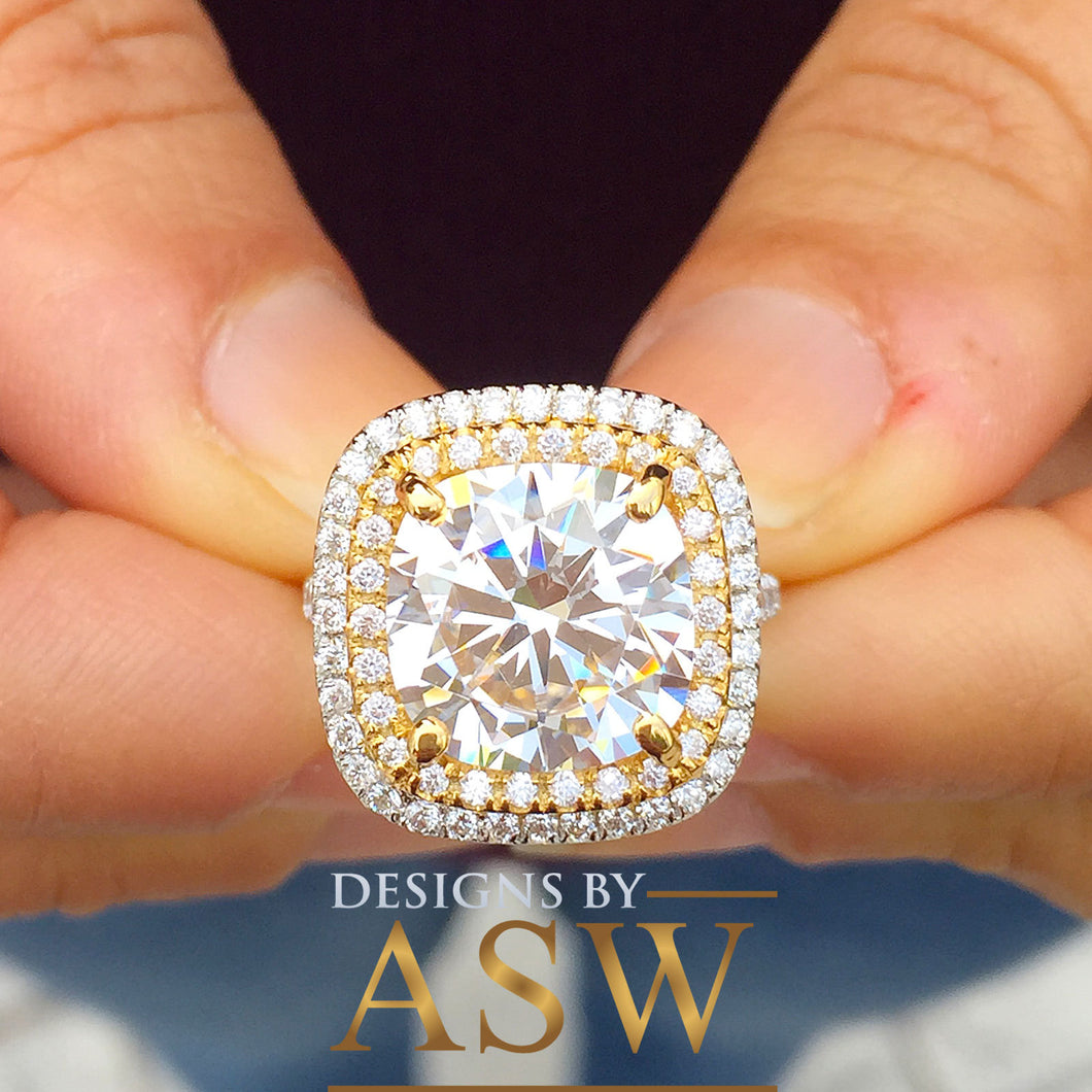 Huge 14K Solid White and Yellow Gold Cushion Cut Forever One Moissanite and Round Cut Natural Diamond Engagement Ring Double Halo 6.50ct