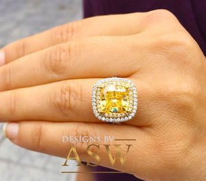 Huge 6.50 Carats 14k Solid White and Yellow Gold Cushion Cut Simulated Fancy Yellow Diamond and simulated Diamonds Engagement Ring Halo