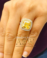Load image into Gallery viewer, Huge 6.50 Carats 14k Solid White and Yellow Gold Cushion Cut Simulated Fancy Yellow Diamond and simulated Diamonds Engagement Ring Halo
