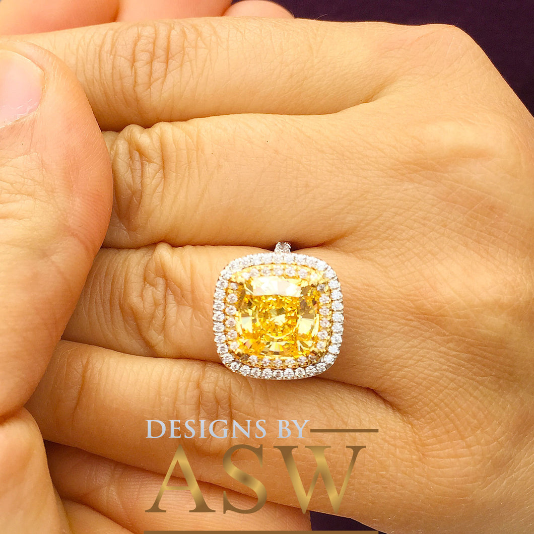 Huge 6.50 Carats 14k Solid White and Yellow Gold Cushion Cut Simulated Fancy Yellow Diamond and simulated Diamonds Engagement Ring Halo