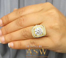 Load image into Gallery viewer, Huge 7.10 Carats 14k Solid White and Yellow Gold Cushion and Round Cut Simulated Diamond Engagement Ring And Two Band Double Halo
