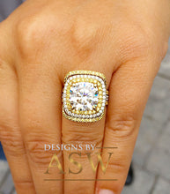 Load image into Gallery viewer, Huge 7.10 Carats 14k Solid White and Yellow Gold Cushion and Round Cut Simulated Diamond Engagement Ring And Two Band Double Halo
