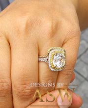 Load image into Gallery viewer, Cushion and Round Cut Simulated Diamond Engagement Ring And Band Double Halo Huge 6.80 Carats 14k Solid White and Yellow Gold
