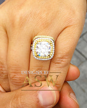 Load image into Gallery viewer, Cushion and Round Cut Simulated Diamond Engagement Ring And Band Double Halo Huge 6.80 Carats 14k Solid White and Yellow Gold

