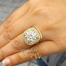 Load image into Gallery viewer, Cushion and Round Cut Simulated Diamond Engagement Ring And Band Double Halo Huge 6.80 Carats 14k Solid White and Yellow Gold
