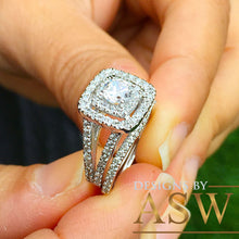 Load image into Gallery viewer, Round Cut CVD Diamond Engagement ring and band, Prong Set, Anniversary, Wedding, Propose, Bridal, Double Halo 14K White Gold 1.65ctw
