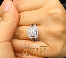 Load image into Gallery viewer, Round Cut CVD Diamond Engagement ring and band, Prong Set, Anniversary, Wedding, Propose, Bridal, Double Halo 14K White Gold 1.65ctw
