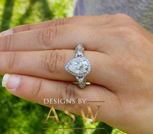 Load image into Gallery viewer, Pear and Round Cut Simulated Diamond Engagement Ring Deco, Bridal, Wedding, Halo, Anniversary, Split band 14k Solid White Gold 2.70ct by ASW
