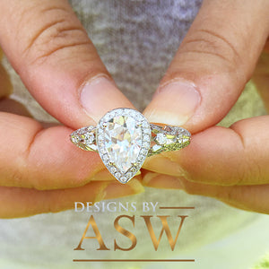 14k Solid White Gold Pear Cut Forever One Moissanite and Natural Diamond Engagement Ring Halo, Bridal, Wedding Deco Antique Style  2.20ctw