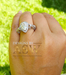 14k Solid White Gold Pear Cut Forever One Moissanite and Natural Diamond Engagement Ring Halo, Bridal, Wedding Deco Antique Style  2.20ctw